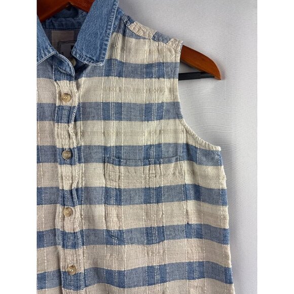 Purrfect By Krazi Kat Womens Medium Sleeveless Blue & White Plaid Button Down To - Picture 5 of 6